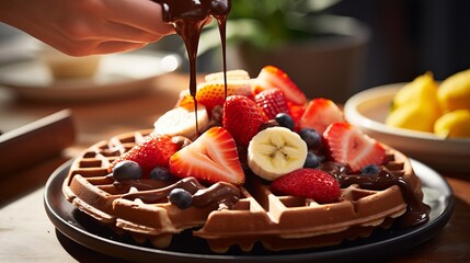 A person is putting chocolate on a waffle and adding slices of fruit. - Powered by Adobe