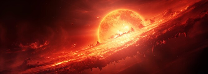 glowing epic red sun with light in space - obrazy, fototapety, plakaty