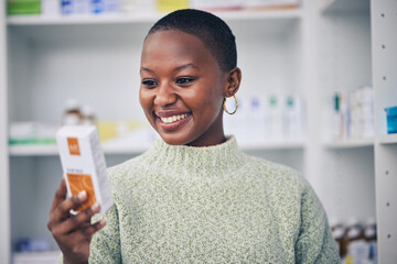 Happy black woman, customer and box of medicine for medical medication at the pharmacy. African...