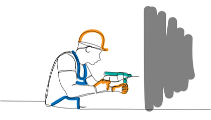 Obraz na płótnie Canvas Builder works with a screwdriver in a work uniform, protective overalls, hard hat one line art. Continuous line color drawing of repair, professional, hand, people, concept, support, maintenance.