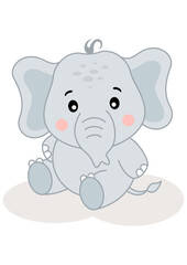 Cute baby elephant sitting isolated on white