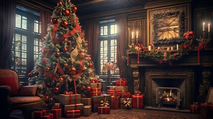 Christmas celebration: illuminated tree, festive decorations, and wrapped gifts creating a warm holiday atmosphere