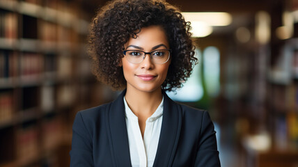 Portrait, lawyer mixed race woman with folder, smile and happy in office workplace. Judge in courtroom.
 - obrazy, fototapety, plakaty