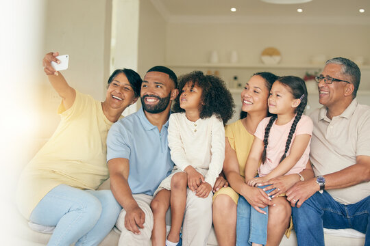 Happy, big family and selfie in home living room, bonding together and relax. Smile, profile picture and kids, grandparents and mother, father and children taking photo for memory on social media