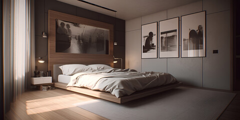 Bauhaus style interior of bedroom with posters on the wall