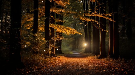 Dynamic harvest time takes off light up serene woodland at nightfall