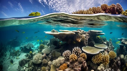Fototapeta na wymiar Coral reefs underneath the surface of an island