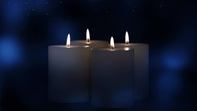 four bourning white candles in dark blue night with sparkling abstract starry sky animation, stationary decoration scene for december holiday season and merry christmas eve