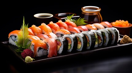 Conventional japanese nourishment - sushi, rolls and sauce on a dark table.