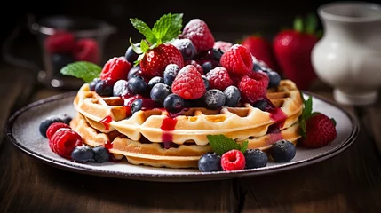 Fotobehang Conventional belgian waffles with berries, acrid cream and stick on dim table. © Akbar
