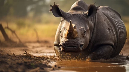 Foto op Plexiglas anti-reflex Closeup shot of a rhino in a timberland amid the day © Akbar