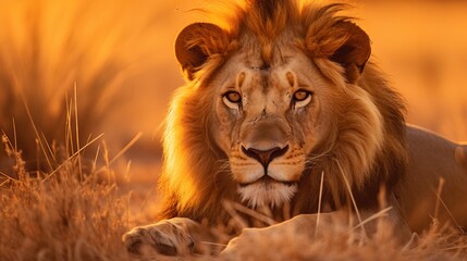 Closeup shot of a lion laying on a dry lush field