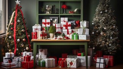 Christmas wrapping table with blessing boxes, strips, paper rolls on dim green foundation