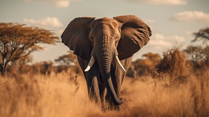 Fototapeta na wymiar Closeup shot of a charming elephant strolling on the dry grass within the wild