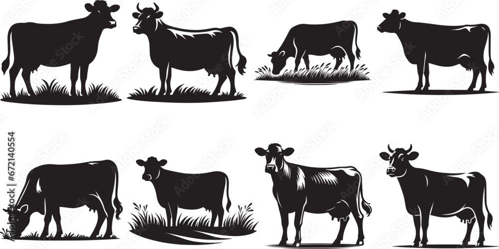 Wall mural Cows Silhouettes In Different Poses Cow Grazing On Meadow