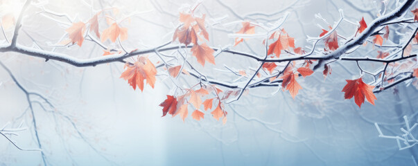 Beautiful frozen branch with orange and yellow maple leaves in the forest. Autumn winter background