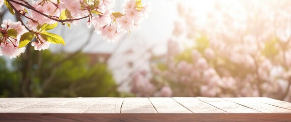 Sakura splendor with empty wooden table. Capturing ethereal beauty of spring blossoms in japan....