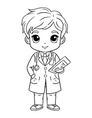 Outline illustration of a little boy doctor. Cartoon character for coloring book