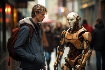 Cyborg humanoid metal human-like robot machine talking communication with a man person. Futuristic innovation digital world artificial intelligence technology concept