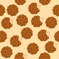 Cookie chocolate chip Infinite pattern background on light brown background, Abstract background Seamless Pattern