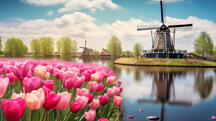 Traditional Dutch windmills along a canal with pink flowers