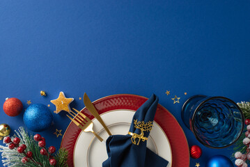 Select perfect holiday restaurant setting with top view of plates, golden utensils, napkin ring,...