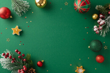 Magnificent Christmas decor to enjoyable party. Top view of gleaming balls, star-shaped candles, scattered confetti, frosted pine branches, festive holly berries on verdant backdrop with text space