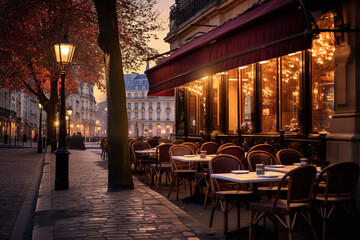 Fototapeta na wymiar Experience the serene early hours at a Parisian café, with the stillness of the streets enhanced by the first rays of dawn kissing historic structures.