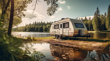 Fototapeta na wymiar Trailer of mobile home or recreational vehicle stand