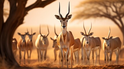 Gazelle crowd resting beneath a dried tree in a savanna scene