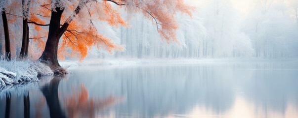 Beautiful autumn winter background, frozen lake and tree covered with snow with copy space - obrazy, fototapety, plakaty