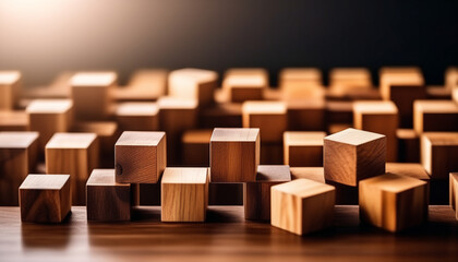 Fototapeta premium Wood block stacking as step stair wood cubes in row Business concept for growth success process style