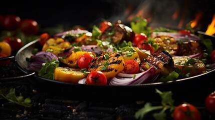 Flame broiled angle with vegetable serving of mixed greens, onion