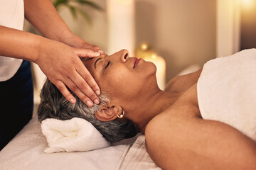 Woman, head massage and spa for beauty, skincare detox and healing zen therapy at cosmetic salon....