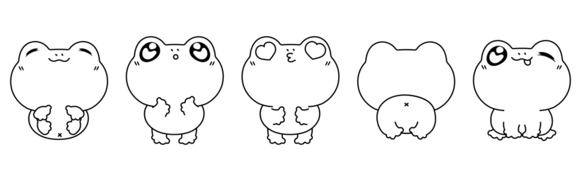 Collection of Vector Cartoon Frog Coloring Page. Set of Kawaii Isolated Amphibian Outline for Stickers, Baby Shower, Coloring Book, Prints for Clothes