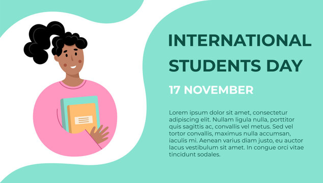 International Students Day Banner with a character and basic text. Template with African American girl holding books and smiling. Vector illustration in flat style. - Powered by Adobe