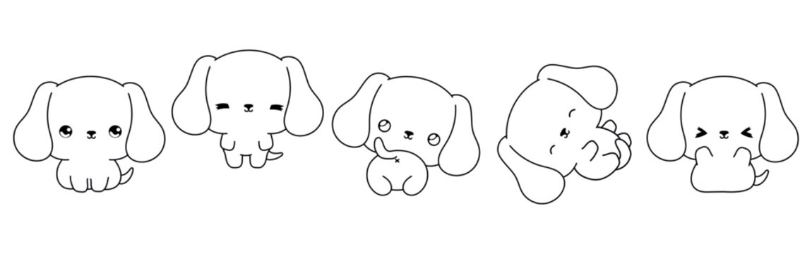 Set of Kawaii Isolated Dachshund Dog Coloring Page. Collection of Cute Vector Cartoon Puppy Outline for Stickers, Baby Shower, Coloring Book, Prints for Clothes