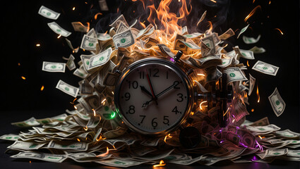 Retirement inflation is burning the value of money, and the concept of the time is a money alarm clock. standard of living against cost of living - obrazy, fototapety, plakaty