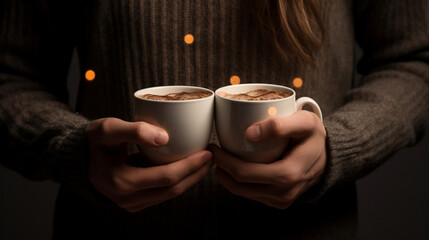 close-up of hands with cups of coffee of a couple in love. Generative AI