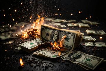 Concept of burning money bills to symbolize the demise of money and hyperinflation
 - obrazy, fototapety, plakaty