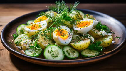Roast young potato salad with egg and cucumber