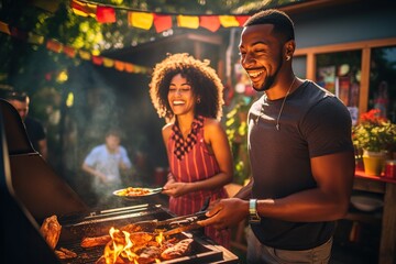 An adult man and woman amidst trees looking surprised at a grill with meat being cooked on a sunny day.