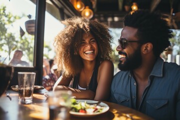 A young dark-skinned man and woman with long hair laughing in a restaurant.