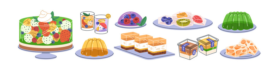 Fruit jellies set. Gelatin desserts, jello cake and pieces on plates. Sweet food with berries. Fresh dishes, orange and apple juicy puddings. Flat vector illustrations isolated on white background
