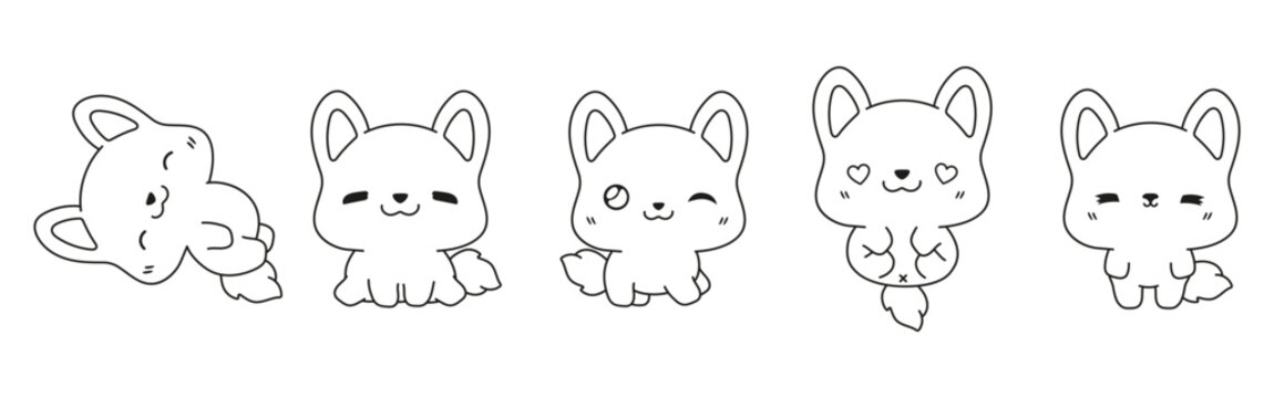 Set of Vector Cartoon Baby Dog Coloring Page. Collection of Kawaii Isolated Welsh Corgi Dog Outline for Stickers, Baby Shower, Coloring Book, Prints for Clothes