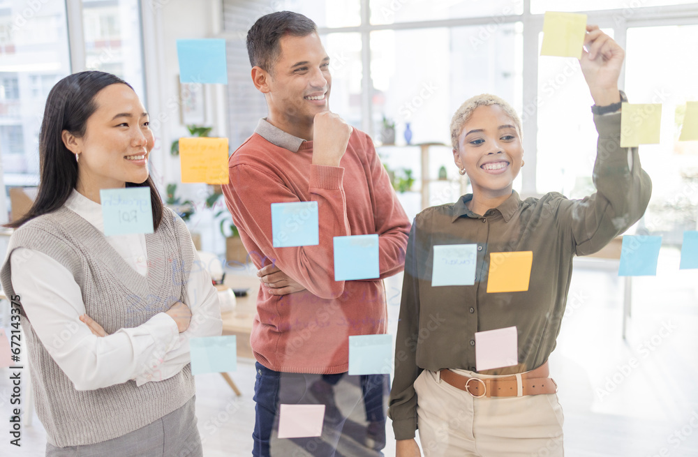 Poster creative people, schedule and team in planning strategy or brainstorming on glass wall at office. gr