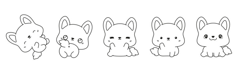 Set of Kawaii Isolated Corgi Dog Coloring Page. Collection of Cute Vector Cartoon Puppy Outline for Stickers, Baby Shower, Coloring Book, Prints for Clothes