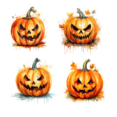 Halloween pumpkin decor card greeting watercolor paint on white background