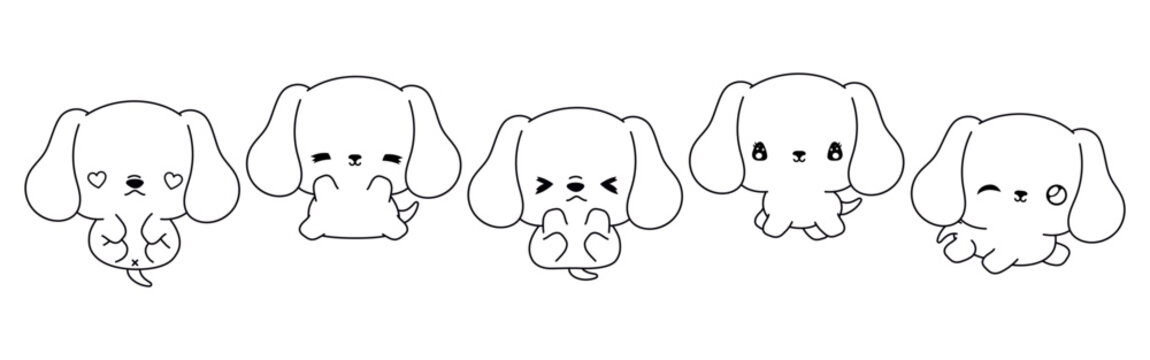 Collection of Vector Cartoon Dachshund Puppy Coloring Page. Set of Kawaii Isolated Baby Dog Outline for Stickers, Baby Shower, Coloring Book, Prints for Clothes