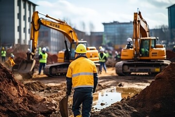 Workers against the backdrop of large construction vehicles. Bulldozers and excavators. The process of preparing the foundation of a building. Construction site